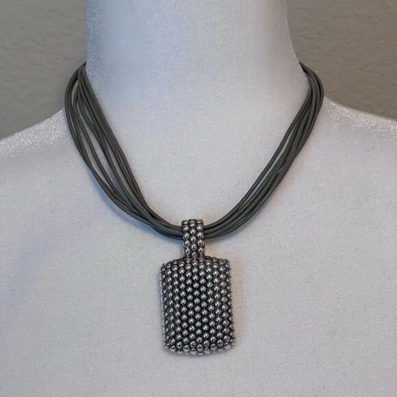 Artisan Olive Leather and Stamped Silver Pendant Necklace - Picture 6 of 15